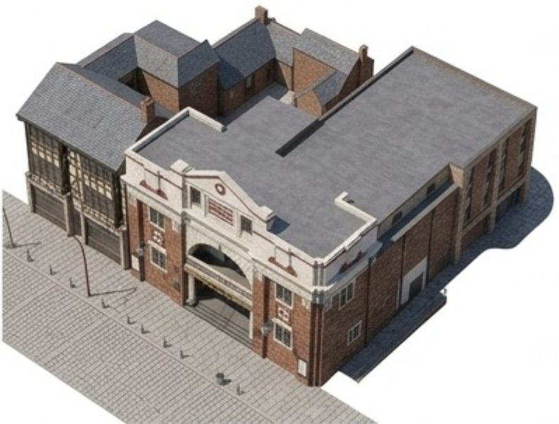 Axonometric view of the building from above, showing its roofs, the street frontage and the yard behind.
