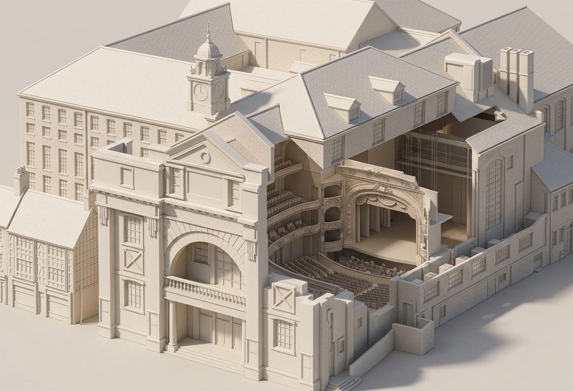 A white cutaway model of a listed former theatre seen from above, its roof opened to show the auditorium, balcony tiers and stage behind an arched street frontage.