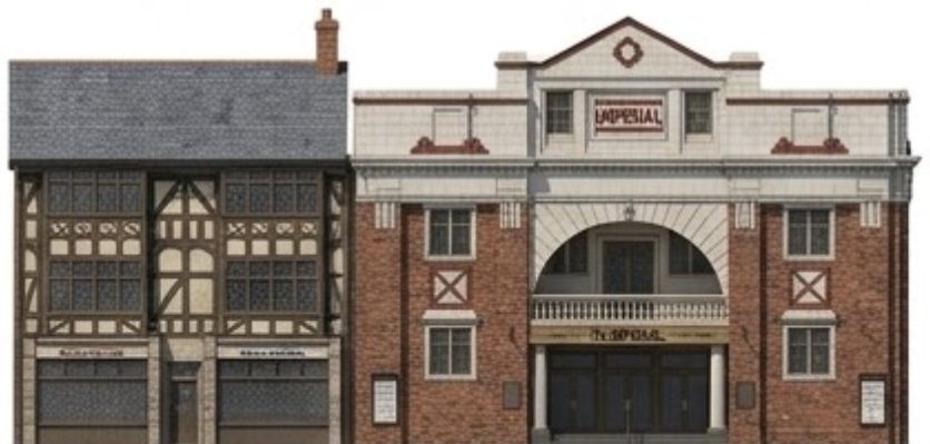 Front elevation of the same building: a pale terracotta frontage with a large arched entrance, beside a timber framed building with a slate roof.